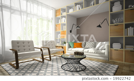 Interior of room with two white armchair 3D render 19922742