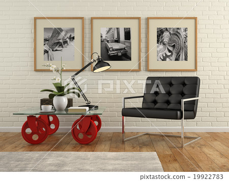 Part of interior with brick wall and armchair Part of interior with brick wall and armchair 19922783