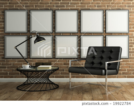 Part interior with brick wall and black armchair Part interior with brick wall and black armchair 19922784