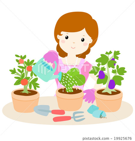 happy woman watering plants cartoon vector 19925676