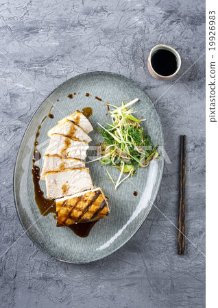 Swordfish Steak Teriyaki with vegetable on Plate 19926983