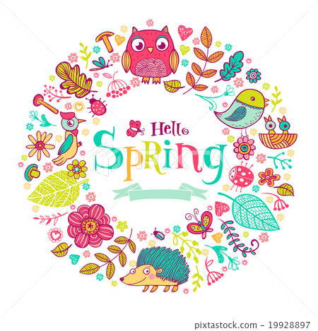 Hello Spring banner in doodle style 19928897