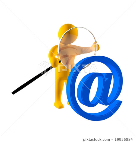 3d man magnifying blue at sign 19936884