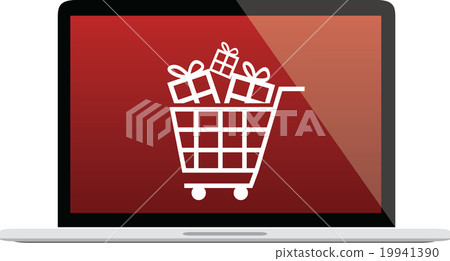 laptop illustration with red screen, shopping cart 19941390