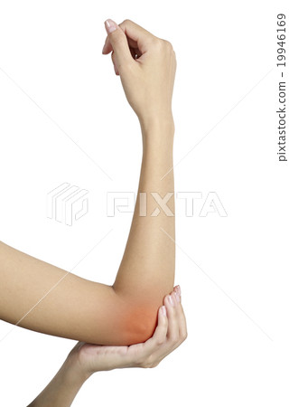 A woman holding her elbow in pain, with red highli 19946169