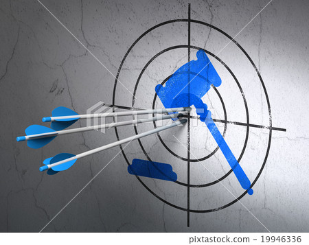 Law concept: arrows in Gavel target on wall Law concept: arrows in Gavel target on wall 19946336