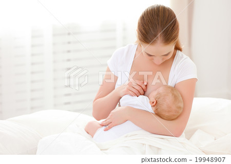 mother breastfeeding newborn baby in white bed 19948907