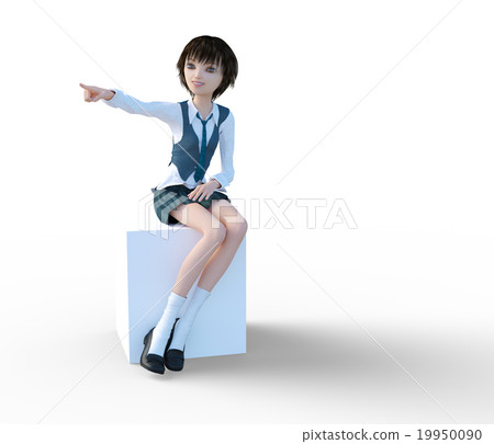 Female student sitting and pointing perming 3DCG illustration material 19950090
