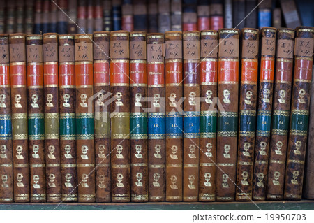 historic old books in library, wooden bookshelf 19950703