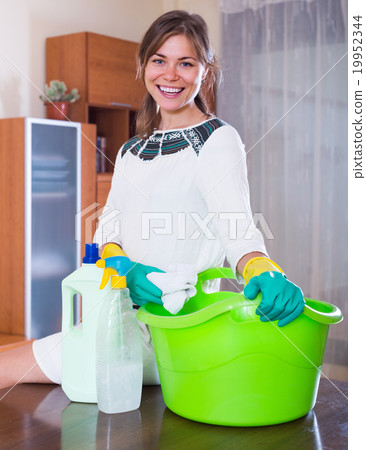 Woman cleaning in living room. 19952344