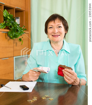 Portrait of female pensioner with cash and bills 19953944