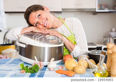 Housewife cooking with multicooker. 19954065