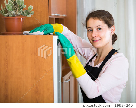 Woman in apron cleaning at home. Woman in apron cleaning at home. 19954240