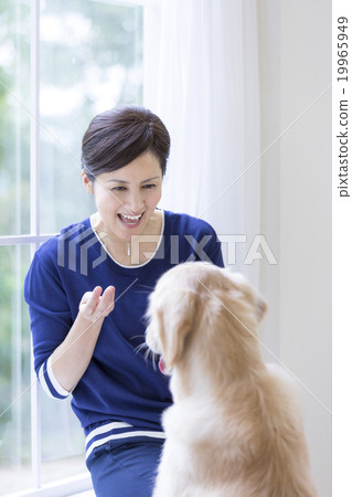 40多歲的日本婦女和狗 19965949