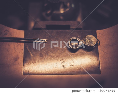 Desktop for craft jewellery making with professional tools. Desktop for craft jewellery making with professional tools. 19974255