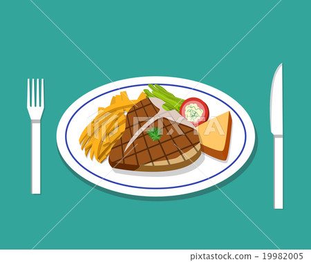 T-bone steak and french fries on dish 19982005