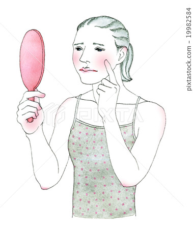 看鏡子黑髮難題的婦女 看鏡子黑髮難題的婦女 19982584