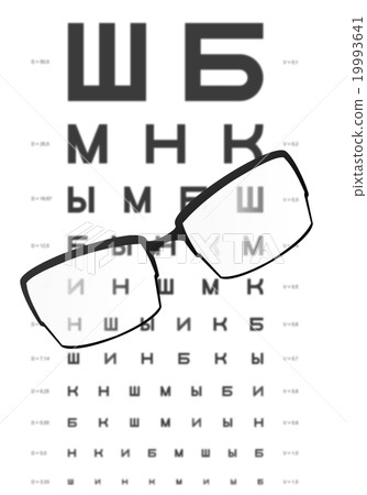 Glasses on the table with eye test chart Glasses on the table with eye test chart 19993641