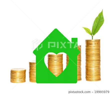columns of gold coins and green house symbol columns of gold coins and green house symbol 19993979