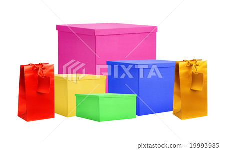 Paper color gift boxes and bags isolated on white 19993985