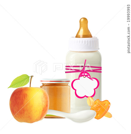 Jar of baby puree, milk bottle, apple and dummy 19993993