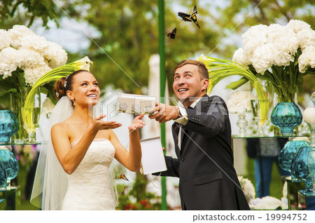 The newlyweds are looking on the flying butterfly. The newlyweds are looking on the flying butterfly. 19994752