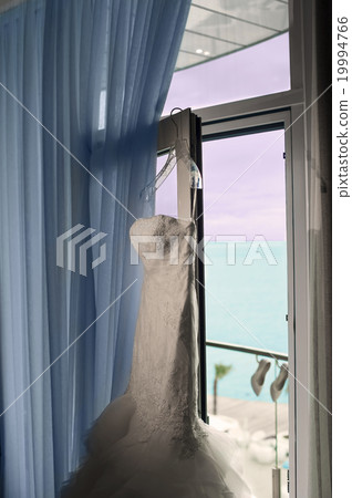 The nice bridal dress is hanging on the window. The nice bridal dress is hanging on the window. 19994766