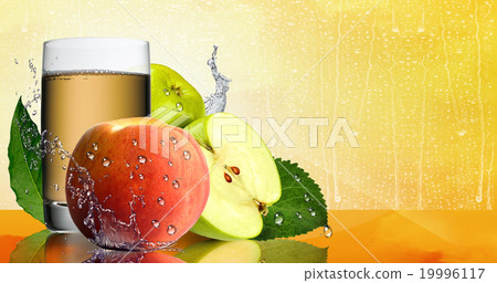 Ripe apples and peaches with a glass of juice as a 19996117