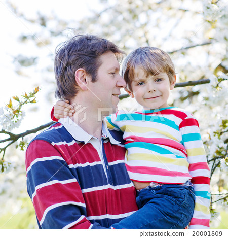 Young father and little kid boy in blooming garden Young father and little kid boy in blooming garden 20001809