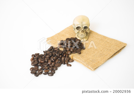 Coffee beans on a sack with skull white background 20002936