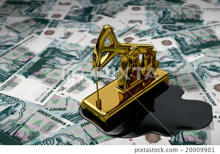 Golden Pumpjack And Spilled Oil On Russian Rubles 20009981