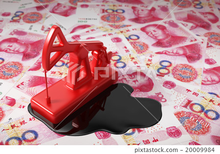 Red Pumpjack And Spilled Oil On Chinese Yuan 20009984