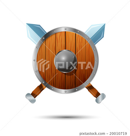 Round wooden shield with crossed swords 20010719