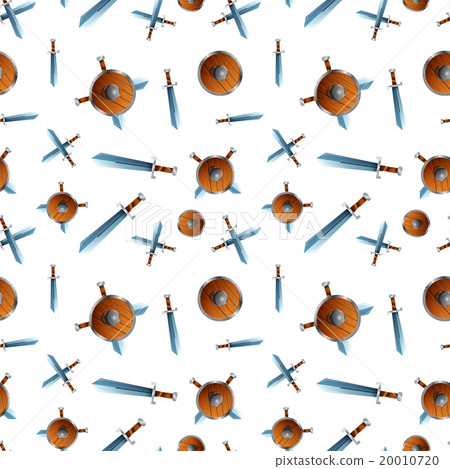 Wooden shield and swords on white, seamless 20010720