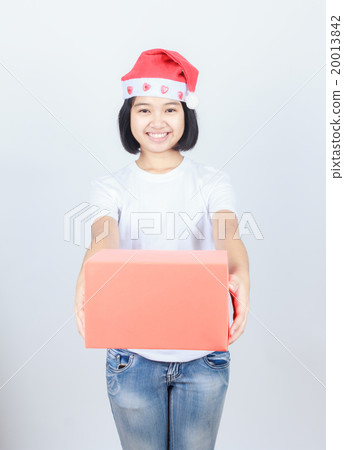 young attractive asian girl in Santa hat and red gift box 20013842