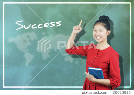 The word "Success" and cute Asian girl against chalkboard The word "Success" and cute Asian girl against chalkboard 20013925
