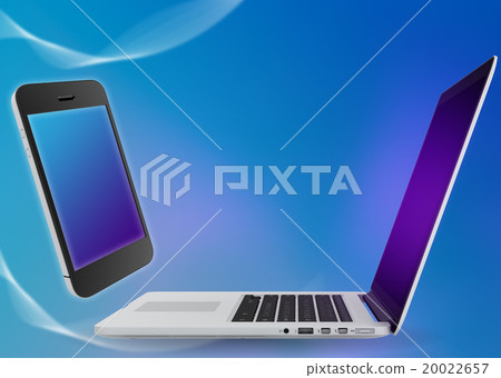 mobile phone and laptop on a blue background. mobile phone and laptop on a blue background. 20022657