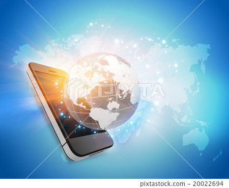 Mobile phone with globe and map in the background. 20022694