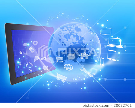 tablet and globe with spinning around icons. 20022701