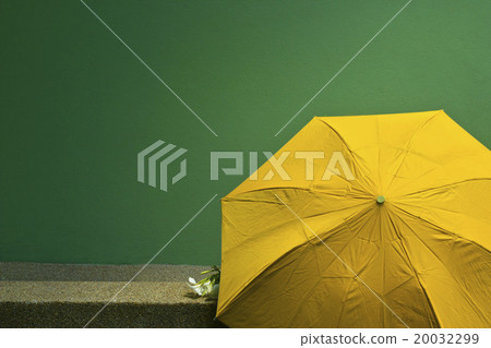 Yellow umbrella on green cement wall 20032299
