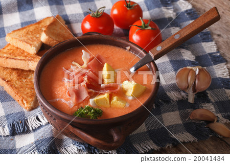 Salmorejo cream soup with ham and eggs in a bowl 20041484