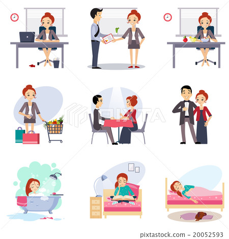 圖庫插圖: daily routine vector set with cute girl