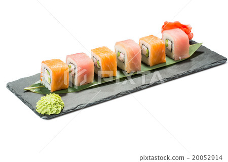 set of sushi on black slate substrate, isolated set of sushi on black slate substrate, isolated 20052914