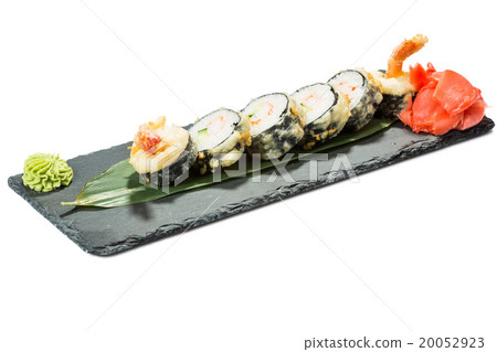 set of sushi on black slate substrate, isolated set of sushi on black slate substrate, isolated 20052923