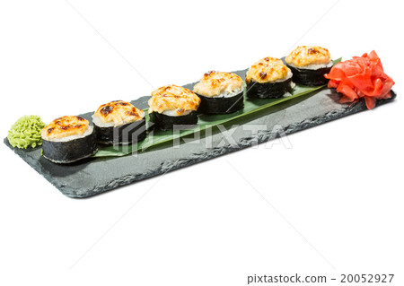 set of sushi on black slate substrate, isolated set of sushi on black slate substrate, isolated 20052927