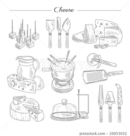 Cheese and Cutting Tools. Sketch Vector 20053032