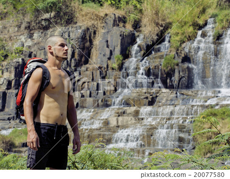 mature man with backpack at waterfall pongour mature man with backpack at waterfall pongour 20077580