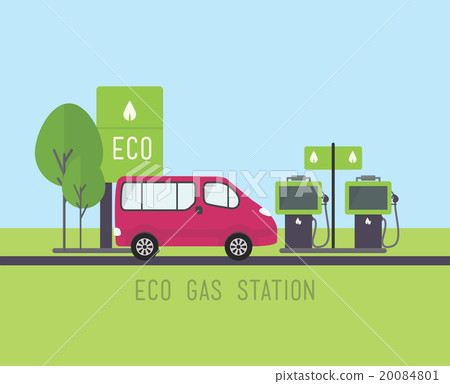 Flat eco design, gas station, car, petrol, tree 20084801