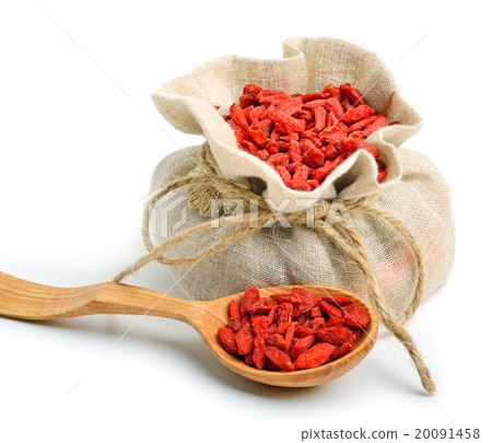 Goji berries in sack bag with wooden spoon Goji berries in sack bag with wooden spoon 20091458