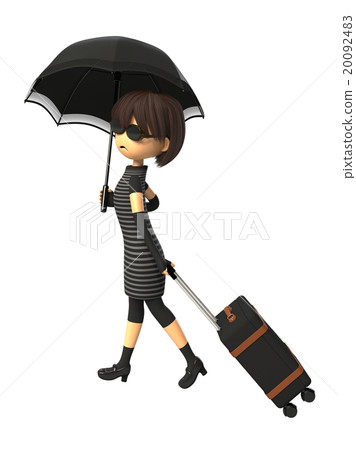 A woman carrying a parasol carrying a carry bag A woman carrying a parasol carrying a carry bag 20092483
